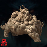 Rear three-quarter view of the Brackish Trudge unpainted resin miniature — revealing the full extent of the creature's back colony: dense mushroom clusters, coiled filaments, budding spores, and bulbous sacs rising from matted fur-textured hide. Monster Atlas sculpt.