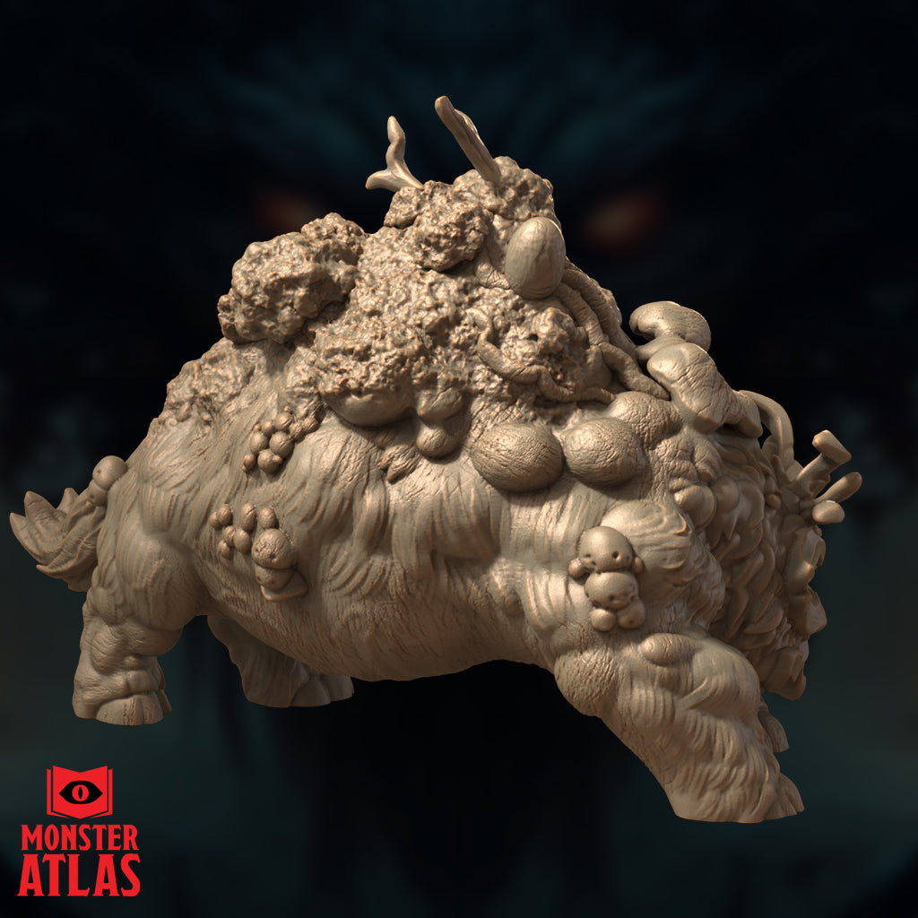 Rear three-quarter view of the Brackish Trudge unpainted resin miniature — revealing the full extent of the creature's back colony: dense mushroom clusters, coiled filaments, budding spores, and bulbous sacs rising from matted fur-textured hide. Monster Atlas sculpt.
