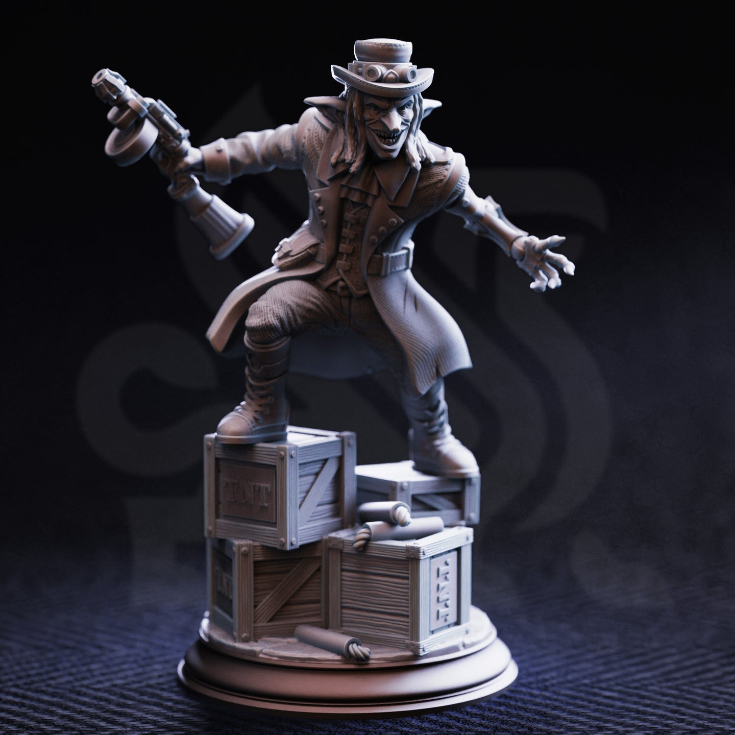 Photograph of the unpainted grey resin Brains goblin gangster miniature — three-quarter front view showing the full sculpt detail including the textured coat, layered belt, grinning expression, steampunk blunderbuss, and the stacked TNT crate base with scattered accessories including a scroll and a body beneath the crates