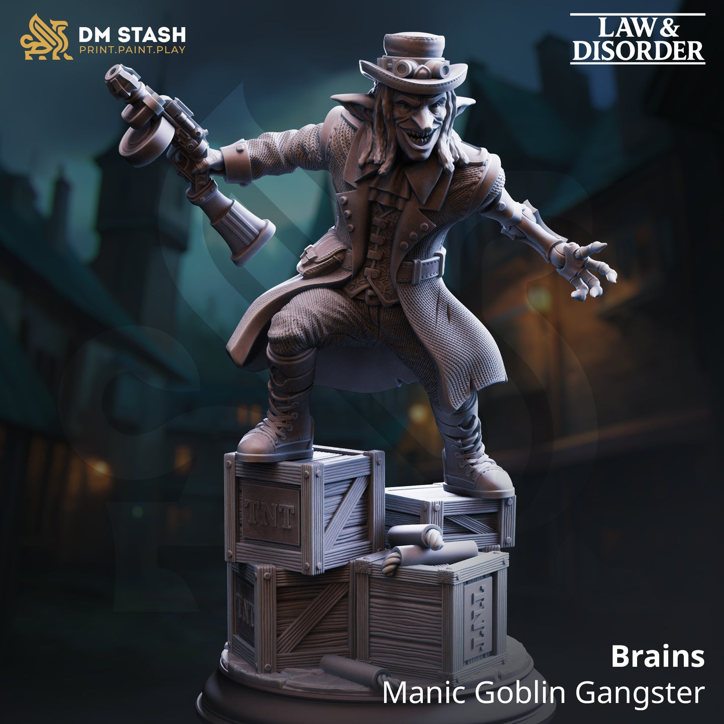 Digital render of Brains the manic goblin gangster miniature from DM Stash's Law and Disorder collection — unpainted grey sculpt showing the goblin in a wide dynamic stance, wearing a tattered long coat and goggled top hat, brandishing a steampunk blunderbuss in his left hand and reaching forward with a clawed right hand, standing atop a scenic base of stacked TNT crates with a scroll and tied sack visible at the base
