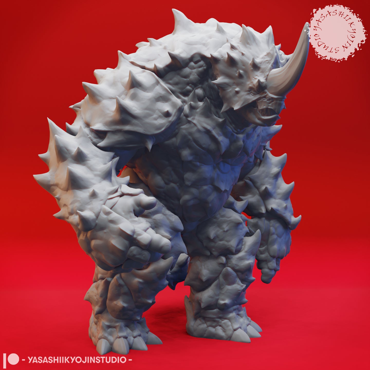 Digital render of the Braxat 01 miniature from Yasashii Kyojin Studios — front-facing pose showing a massive spike-covered creature with overlapping bone plates, thick clawed feet, and a single sweeping horn, unpainted grey