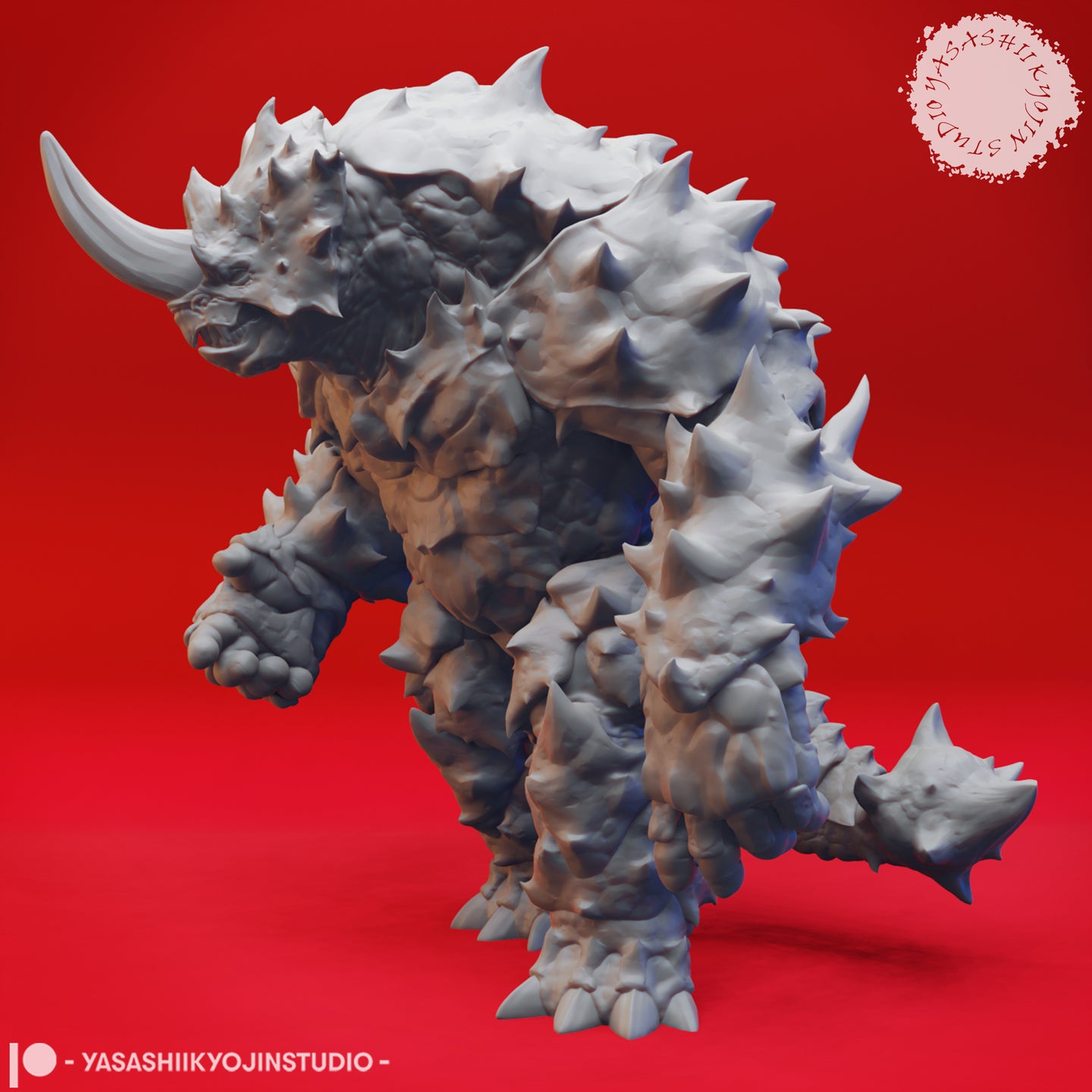 Digital render of the Braxat 01 miniature from Yasashii Kyojin Studios — three-quarter view showing the creature leaning forward aggressively with one fist raised, a spiked tail visible at the rear, and dense surface texture across the back and shoulders, unpainted grey