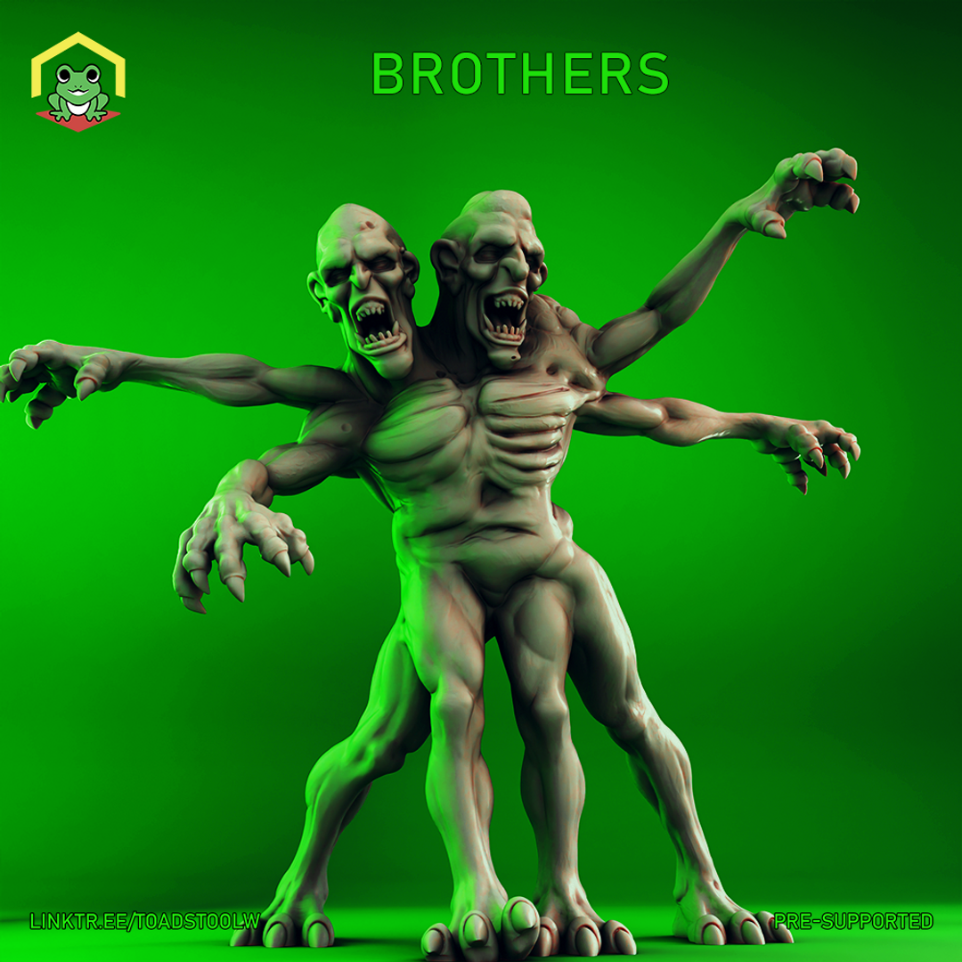 Digital render of the Brothers miniature by The Toadstool Weaver — a two-headed, four-armed fused humanoid horror in 32mm scale, posed mid-lunge with both sets of clawed hands outstretched and twin snarling faces twisted in rage, shown unpainted against a vivid green background