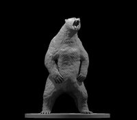 Brown bear sculpt on all fours, head lowered and jaws wide open in a snarl, claws splayed forward on a plain round base. Dense fur texture across the shoulders and back. By MZ4250.