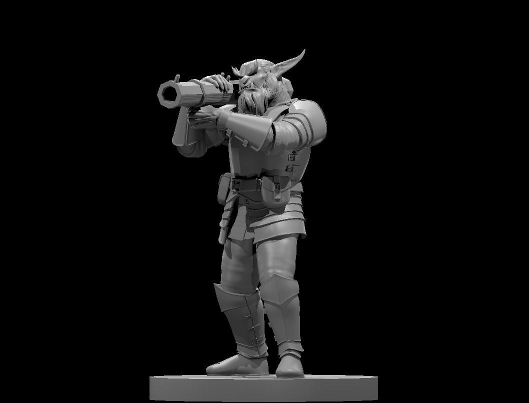 Grey unpainted 3D render of a bugbear male artificer miniature, standing upright and aiming a large rocket launcher from the shoulder, wearing layered armour with pouches and greaves, small curved horns visible on his head, mounted on a flat square base, 32mm scale