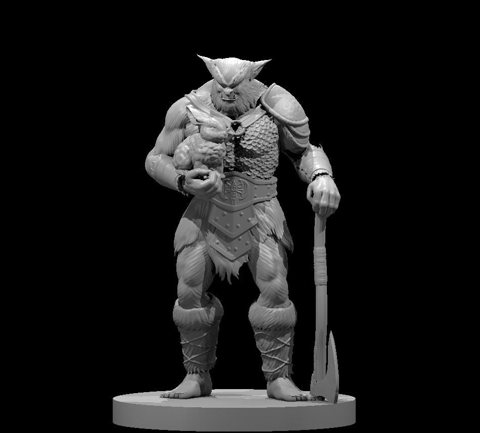 Bugbear barbarian standing upright, cradling a small rabbit in one hand and resting a large axe at his side. Wearing scale mail, fur-trimmed pauldrons, and leather-bound greaves. Sculpt by MZ4250.