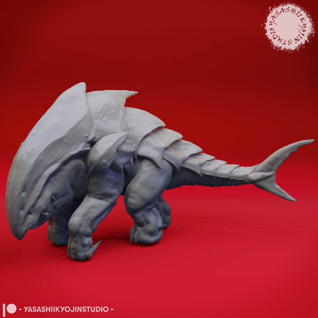 Unpainted grey resin Bulette miniature from Yasashii Kyojin Studios, viewed from the rear-left angle, showing large overlapping dorsal fins, segmented armoured back, muscular clawed legs, and a shark-like tail fluke — set against a red background