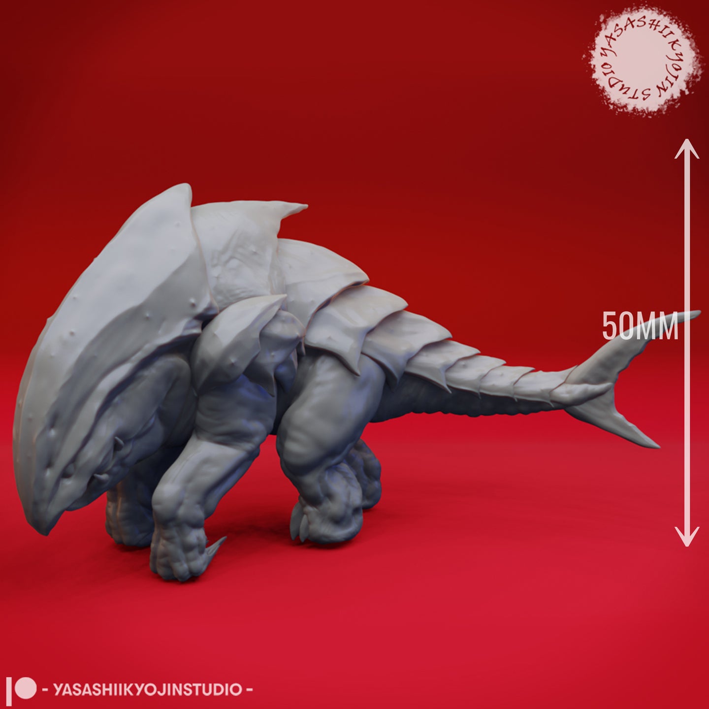 Unpainted grey resin Bulette miniature from Yasashii Kyojin Studios shown from the rear-right angle with a 50mm scale reference arrow indicating the model's height, highlighting the layered shell plates, heavy body, and tapering segmented tail