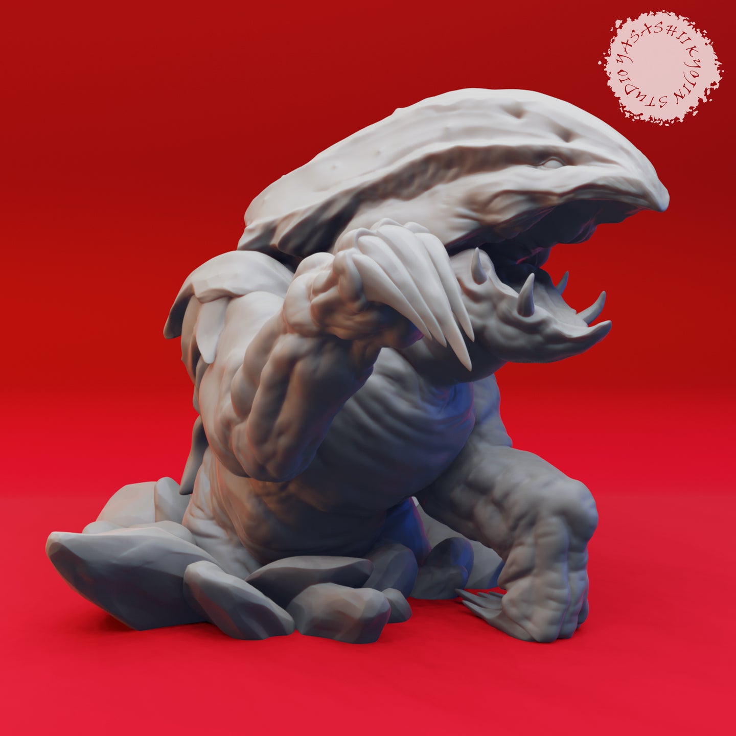 Digital render of the Bulette 02 miniature by Yasashii Kyojin Studio — an unpainted grey resin large creature sculpt shown in a coiled lunging pose with jaws wide open, massive clawed forelimbs braced forward, and heavily muscled torso, against a red background