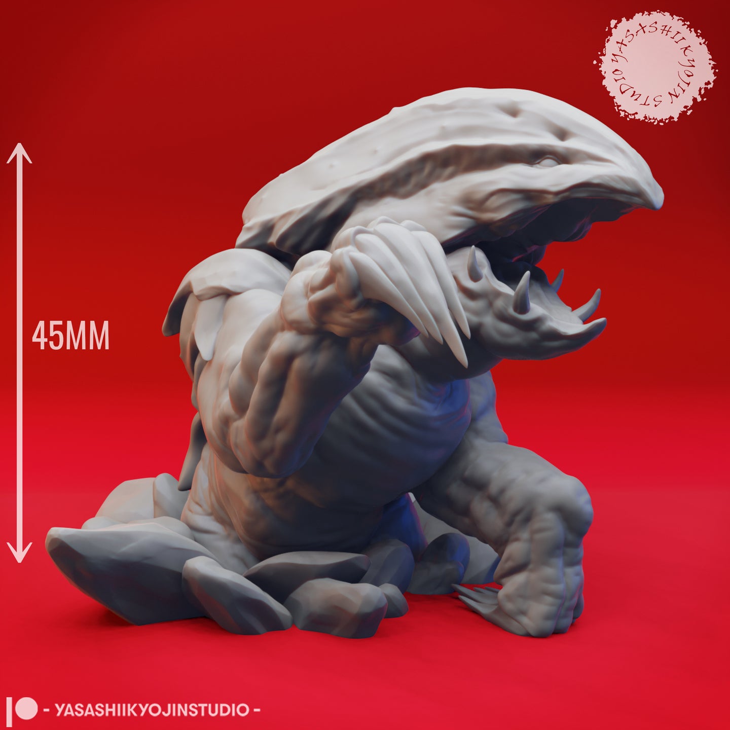 Digital render of the Bulette 02 miniature by Yasashii Kyojin Studio with a 45mm height scale reference arrow — unpainted grey resin sculpt showing the creature's coiled lunge pose, gaping hinged jaw, serrated teeth, and ridged chitin armour detail, on a red background