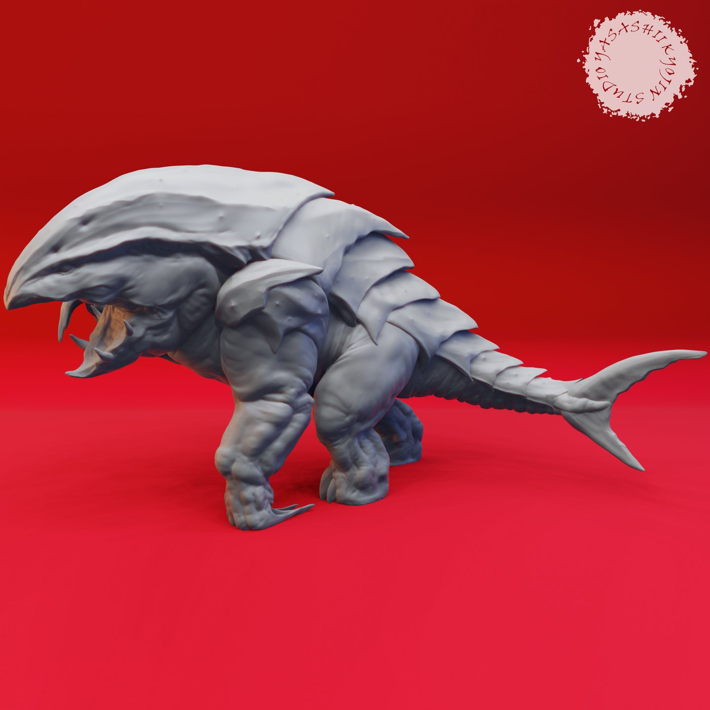 Grey resin Bulette miniature from Yasashii Kyojin Studio — front three-quarter view showing open jaws with curved fangs, layered armour plating across the back, four muscular clawed legs, and a shark-like tail fin, against a red background