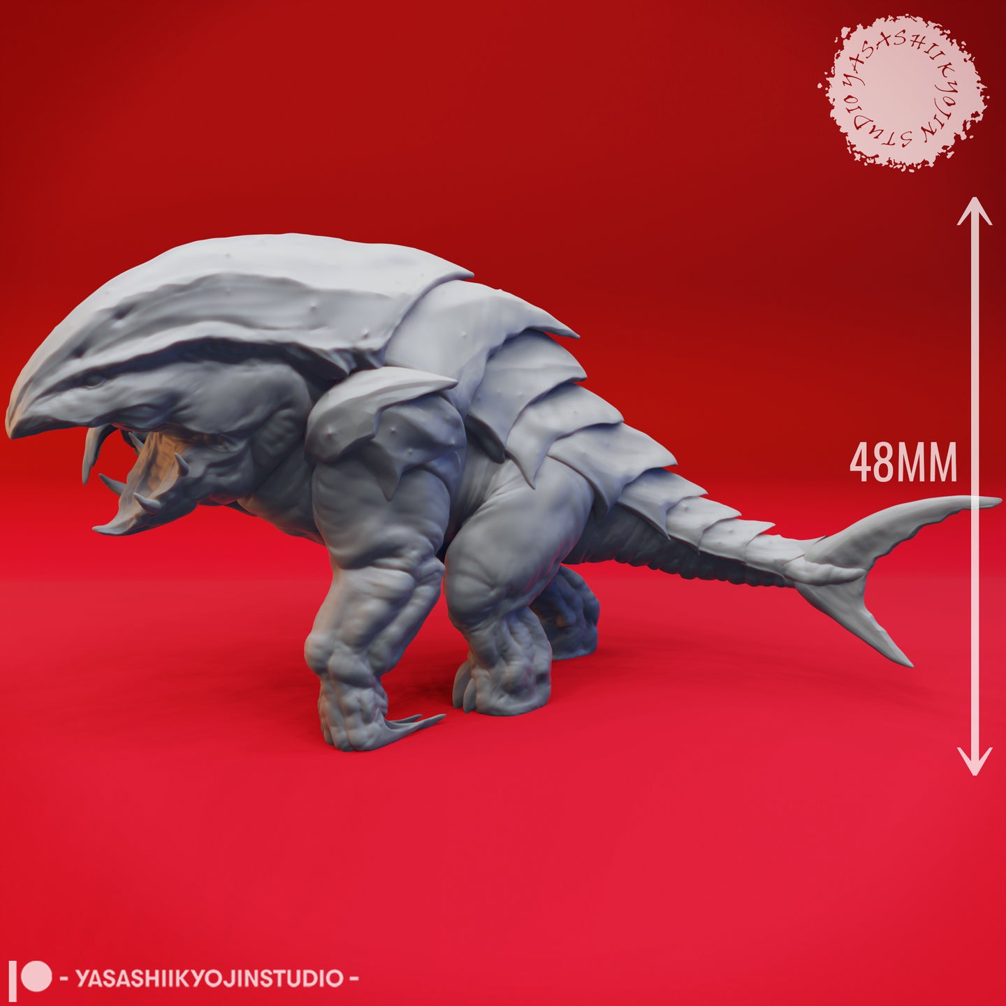 Grey resin Bulette miniature from Yasashii Kyojin Studio with 48mm scale reference arrow — side profile highlighting ridged carapace detail, gaping toothed maw, clawed forelimbs, and finned tail, with Yasashii Kyojin Studio watermark visible
