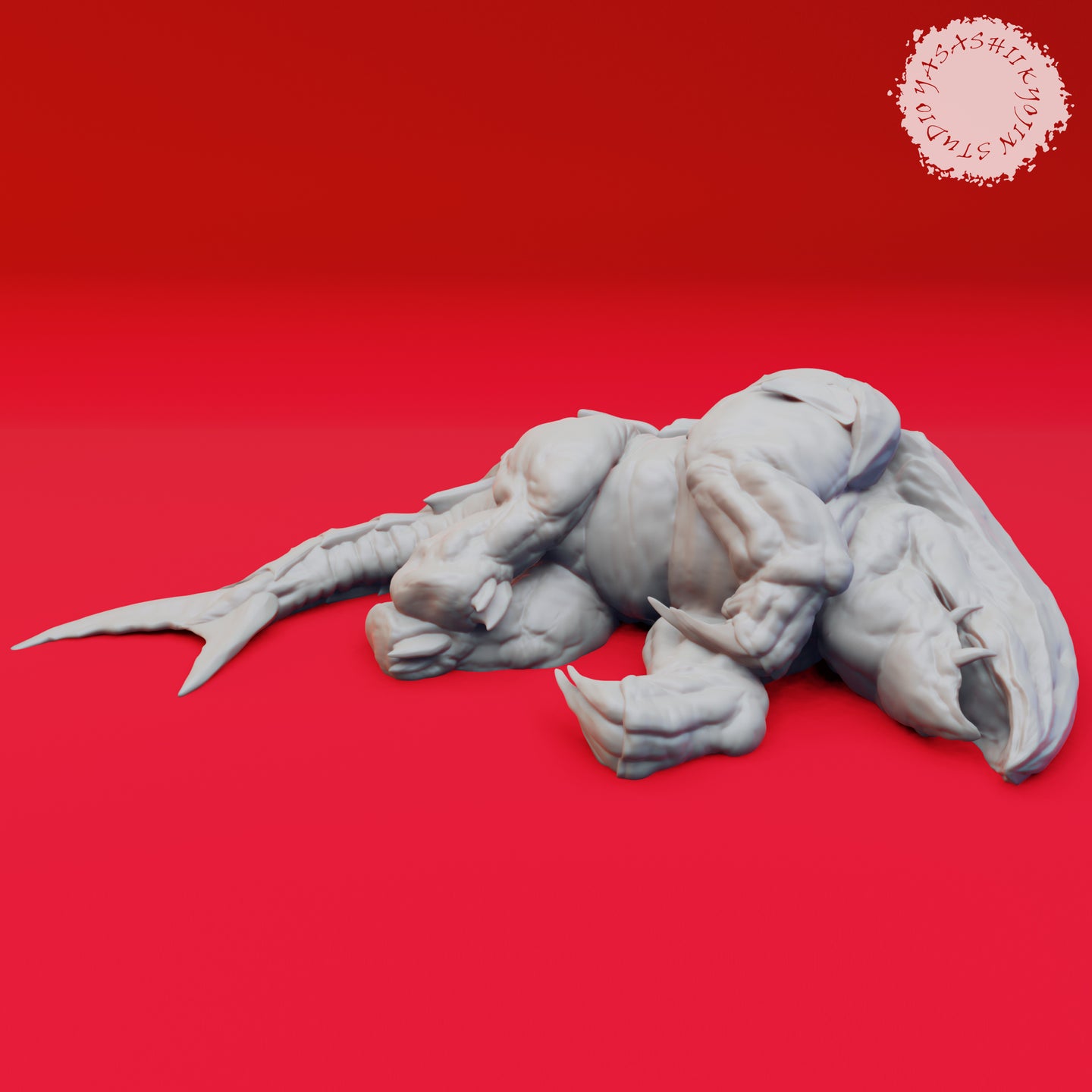 Unpainted grey resin Bulette miniature in a low, crouching pose — armoured plates across the back, splayed claws, and dorsal fins visible — photographed against a red background