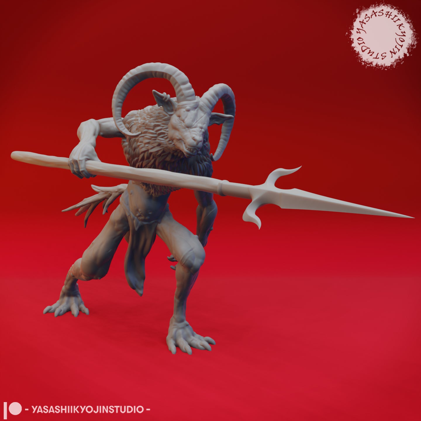 Grey resin render of a Bulezau demon miniature from Yasashii Kyojin Studio — goat-headed fiend in a low aggressive crouch, gripping a long barbed spear horizontally across its body, with large curling ram horns and clawed feet, viewed from the front-left