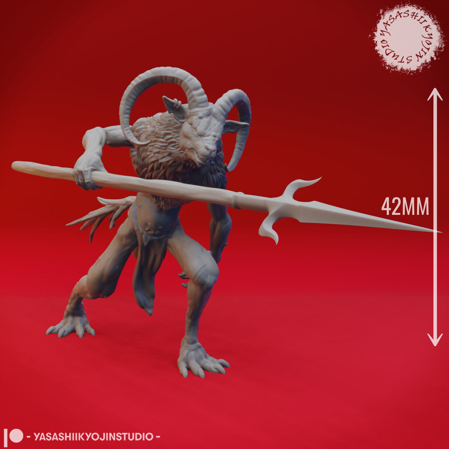 Grey resin render of the Bulezau demon miniature with a 42mm scale reference arrow showing the model's full height, same front-left pose with barbed spear and curling horns clearly visible
