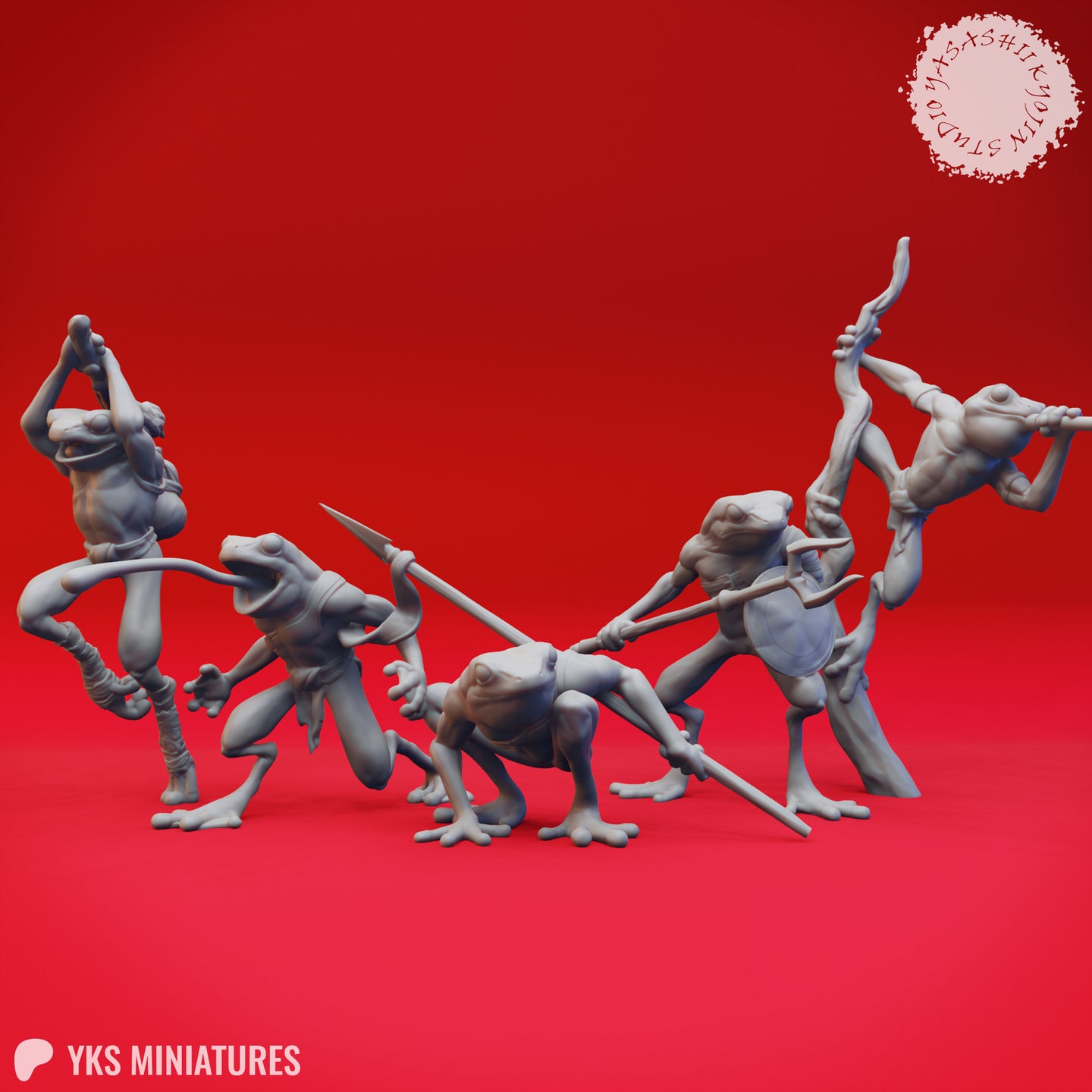 Digital render showing all five bullywug miniatures from the bundle together on a red background — from left to right: a leaping club-wielder, a sprinting spear-carrier, a crouching spear-and-shield warrior, a shield-and-trident fighter mid-stride, and a bowfrog drawing a longbow from a raised branch. All unpainted grey sculpts at 32mm scale.