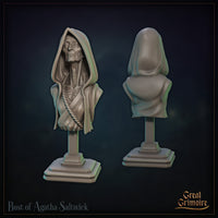 Gaunt elderly woman bust with deep-hooded robes, sunken cheeks, closed eyes, and a coarse rope across her chest. Front and rear views shown. Sculpt by Great Grimoire.
