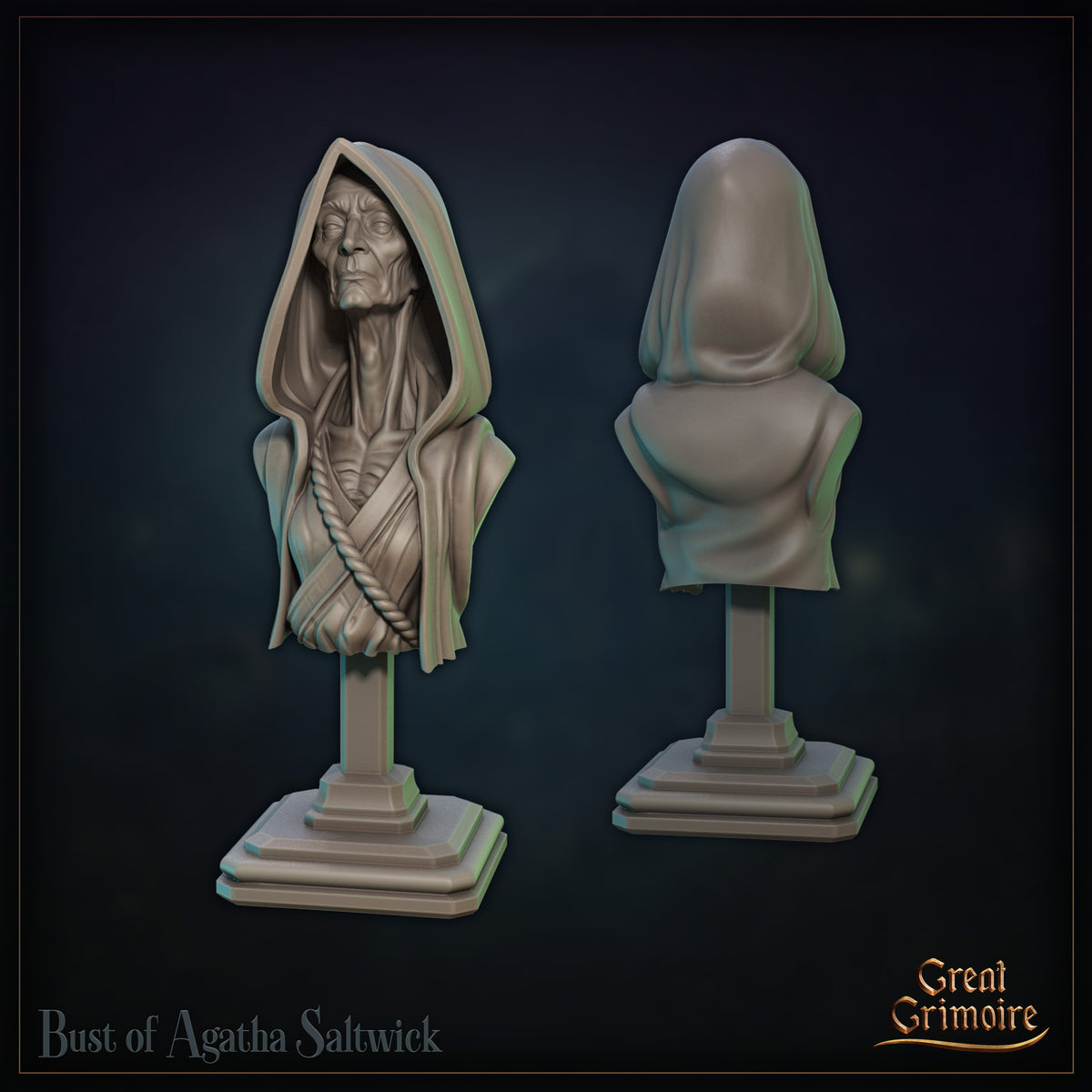 Gaunt elderly woman bust with deep-hooded robes, sunken cheeks, closed eyes, and a coarse rope across her chest. Front and rear views shown. Sculpt by Great Grimoire.