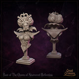 Front and rear views of a large display bust depicting an imperious queen in heart-motif armour, elaborate upswept hair crowned with a thorned coronet, and a mask-like mouthpiece. By Great Grimoire.