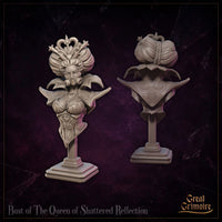 Front and rear views of a large display bust depicting an imperious queen in heart-motif armour, elaborate upswept hair crowned with a thorned coronet, and a mask-like mouthpiece. By Great Grimoire.