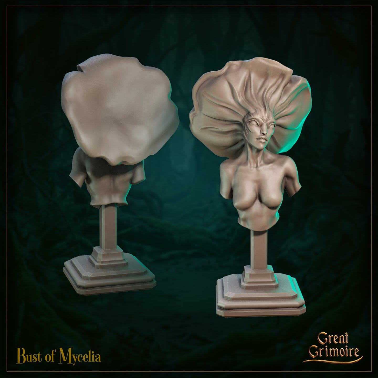 Digital render of the Mycelia display bust by Great Grimoire — front and rear views side by side. The front shows a bare-shouldered female figure with an otherworldly expression and narrowed eyes, framed by a dramatically wide, layered mushroom cap with flowing, fabric-like folds. The rear view shows the bold sculptural silhouette of the cap from behind. Both busts are mounted on square stepped plinths. Unpainted grey resin render.