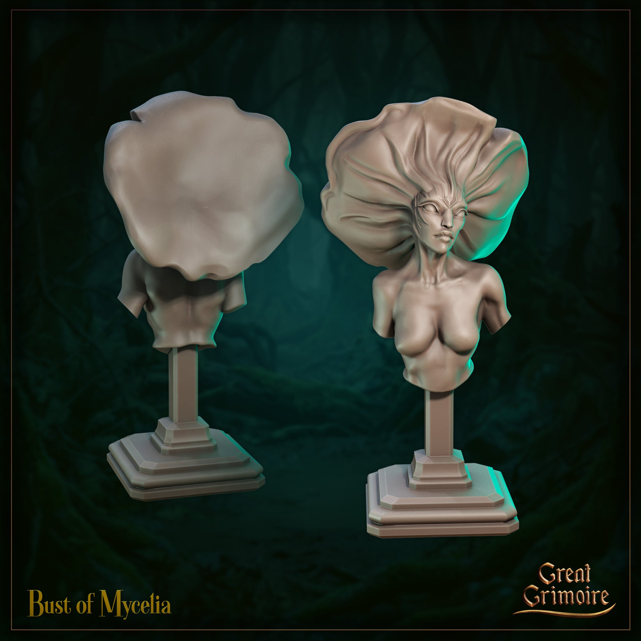 Digital render of the Mycelia display bust by Great Grimoire — front and rear views side by side. The front shows a bare-shouldered female figure with an otherworldly expression and narrowed eyes, framed by a dramatically wide, layered mushroom cap with flowing, fabric-like folds. The rear view shows the bold sculptural silhouette of the cap from behind. Both busts are mounted on square stepped plinths. Unpainted grey resin render.