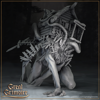 Crouching creature with a collapsed timber cabin fused to its back, gnarled vines coiling around broken beams and window frames, smooth amphibian legs ending in splayed claws, tongue lolling forward. Sculpt by Great Grimoire.