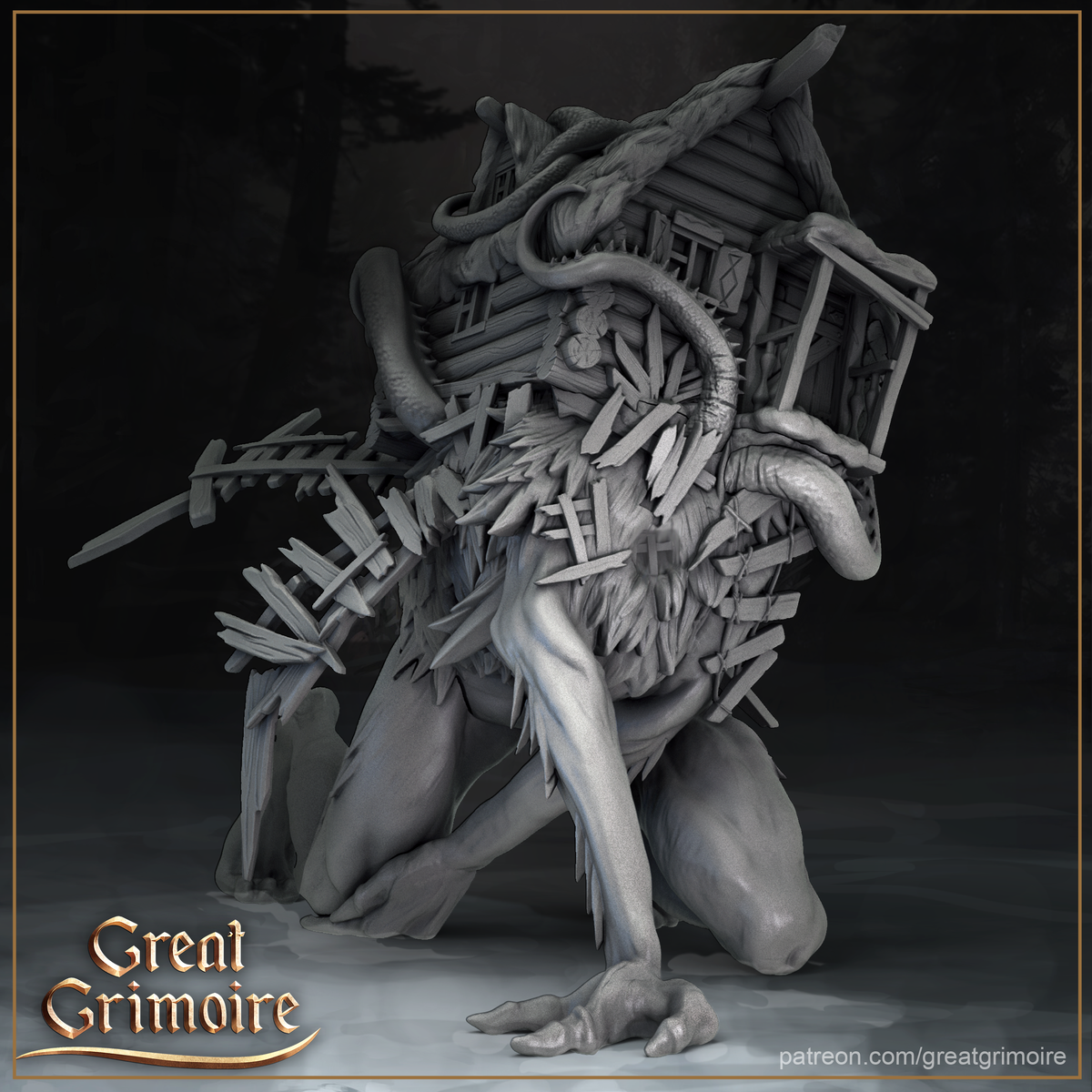 Crouching creature with a collapsed timber cabin fused to its back, gnarled vines coiling around broken beams and window frames, smooth amphibian legs ending in splayed claws, tongue lolling forward. Sculpt by Great Grimoire.