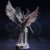 Unpainted grey resin miniature of Caerian the Inevitable viewed from the rear — showing the full wingspan detail with intricately sculpted individual feathers across four wings, skull finial on helm, swords visible at sides, and ornate gothic-arched lower armour skirt on a round scenic base