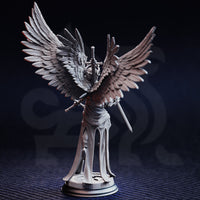 Unpainted grey resin miniature of Caerian the Inevitable viewed from the rear — showing the full wingspan detail with intricately sculpted individual feathers across four wings, skull finial on helm, swords visible at sides, and ornate gothic-arched lower armour skirt on a round scenic base