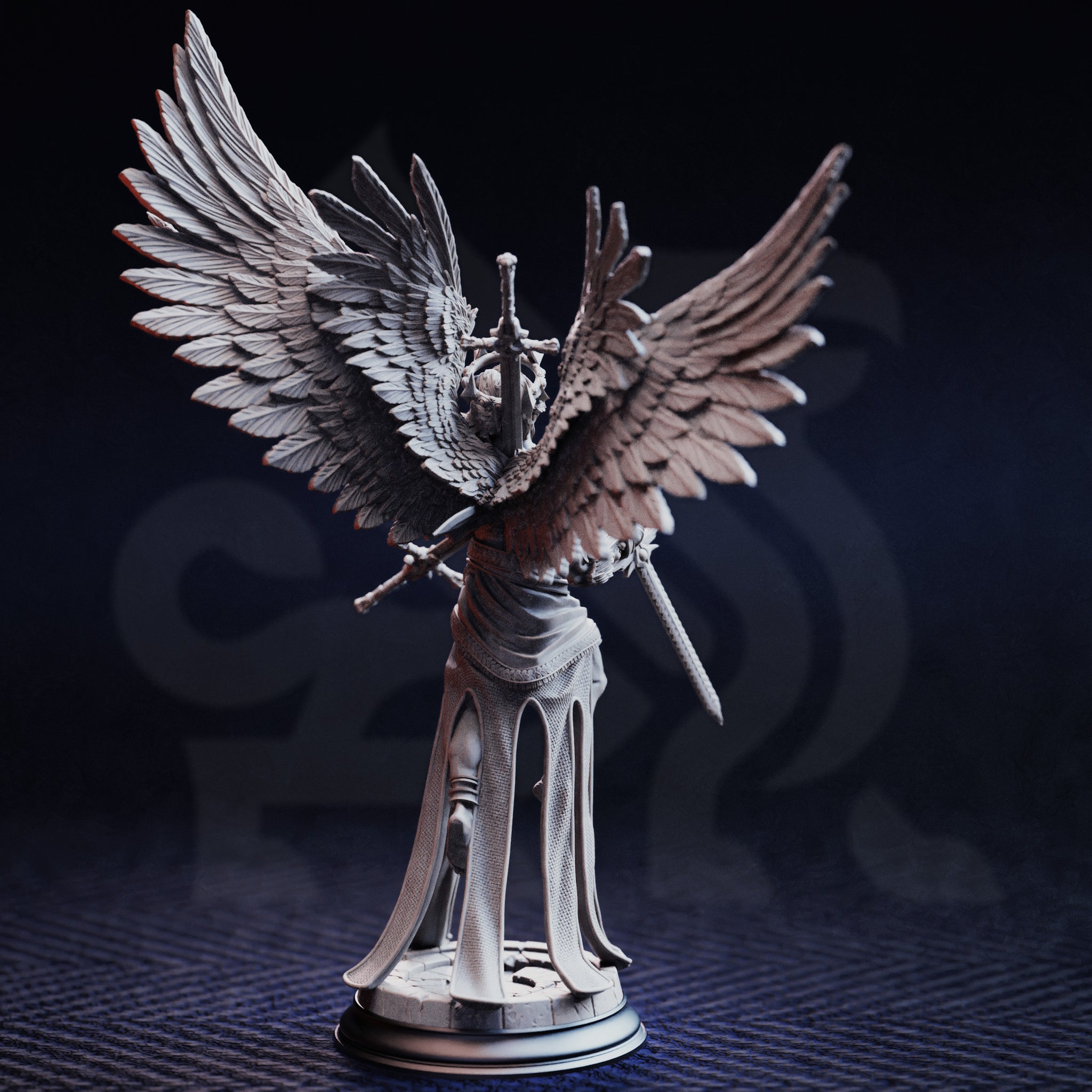 Unpainted grey resin miniature of Caerian the Inevitable viewed from the rear — showing the full wingspan detail with intricately sculpted individual feathers across four wings, skull finial on helm, swords visible at sides, and ornate gothic-arched lower armour skirt on a round scenic base