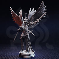 Unpainted grey resin miniature of Caerian the Inevitable viewed from a three-quarter front angle — four large feathered wings fully spread, skull-topped helm, bare torso, multiple swords in hand and at belt, layered chainmail and plate lower armour, on a detailed round scenic base