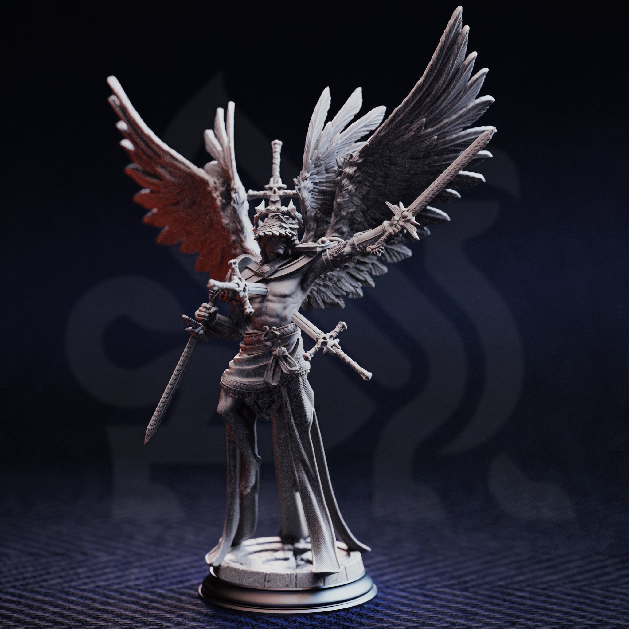 Unpainted grey resin miniature of Caerian the Inevitable viewed from a three-quarter front angle — four large feathered wings fully spread, skull-topped helm, bare torso, multiple swords in hand and at belt, layered chainmail and plate lower armour, on a detailed round scenic base