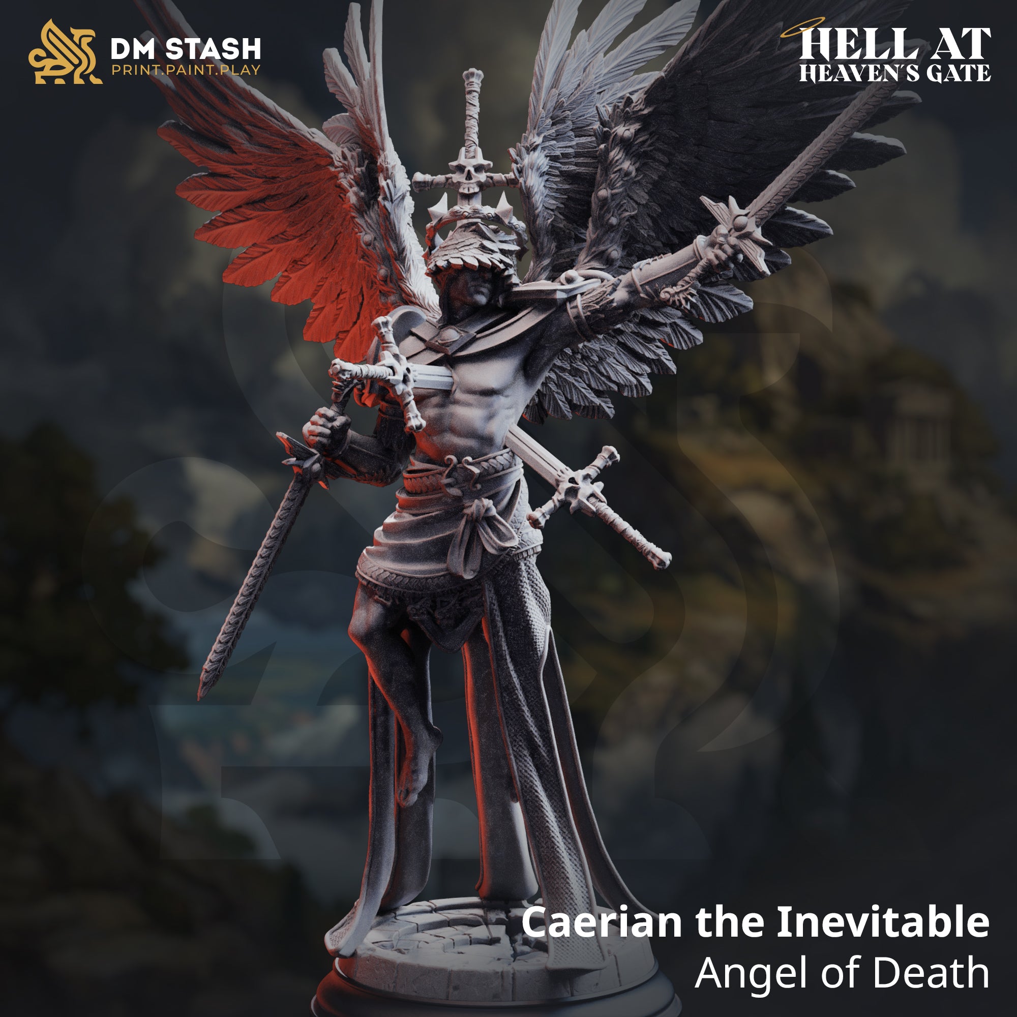 Promotional render of Caerian the Inevitable Angel of Death miniature from DM Stash's Hell at Heaven's Gate range — a four-winged male angel with one crimson wing and three dark feathered wings spread wide, wielding multiple bone-hilted swords, wearing a skull-crowned helm, chainmail skirt and plate armour, on a cobblestone base at 32mm scale