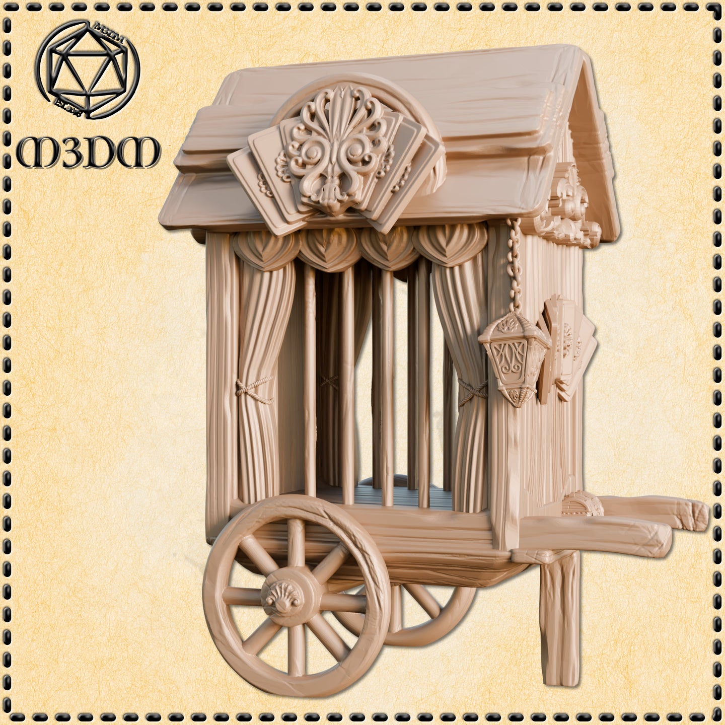 Digital render of the Caged Circus Cart terrain piece by Mia Kay M3DM, showing ornate carved roof medallion with fan motifs, draped curtains tied back with cord, hanging lantern on a side bracket, visible cage bars beneath the drapes, and a wheeled undercarriage with spoked wheels and a wooden draw-shaft, in unpainted warm beige resin render