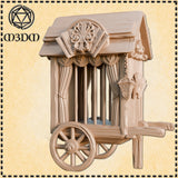 Digital render of the Caged Circus Cart terrain piece by Mia Kay M3DM, showing ornate carved roof medallion with fan motifs, draped curtains tied back with cord, hanging lantern on a side bracket, visible cage bars beneath the drapes, and a wheeled undercarriage with spoked wheels and a wooden draw-shaft, in unpainted warm beige resin render