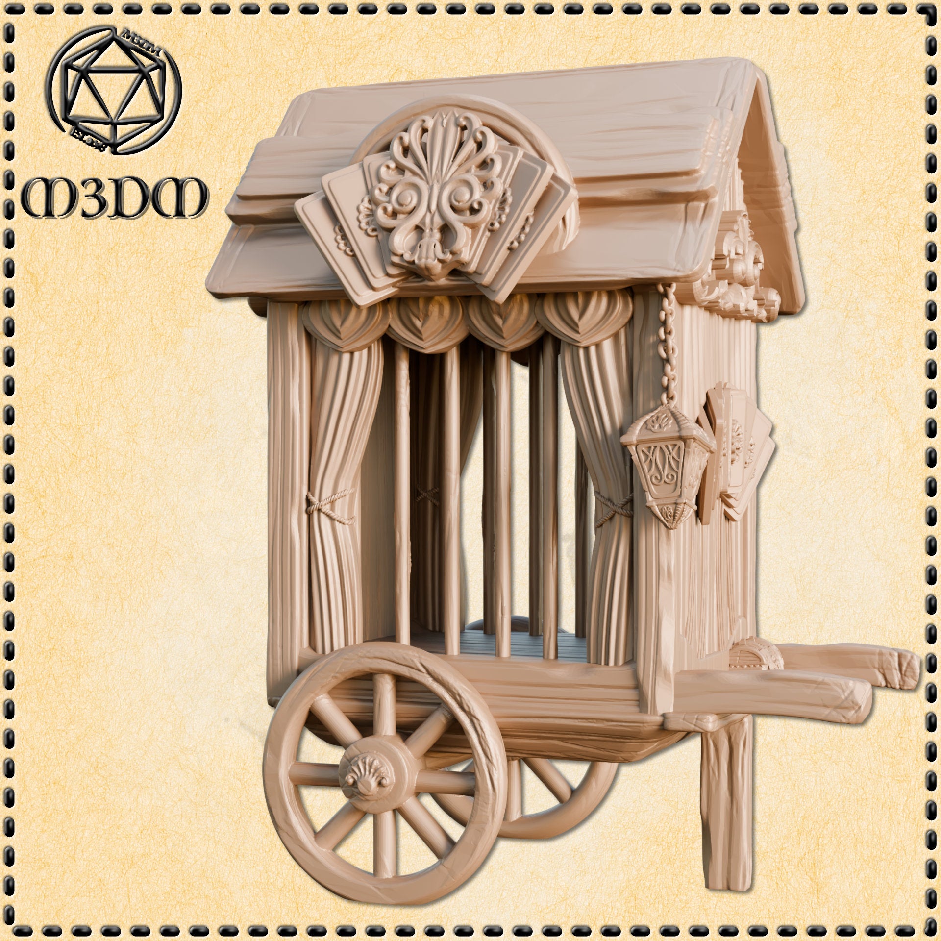 Digital render of the Caged Circus Cart terrain piece by Mia Kay M3DM, showing ornate carved roof medallion with fan motifs, draped curtains tied back with cord, hanging lantern on a side bracket, visible cage bars beneath the drapes, and a wheeled undercarriage with spoked wheels and a wooden draw-shaft, in unpainted warm beige resin render