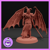 Unpainted terracotta-colour resin Cambion miniature by Ella's Arcanum Minis — a winged male fiend with curling horns, bat-like wings spread wide, wearing tattered robes and layered armour, holding a longsword at his side, mounted on a round base at 32mm scale