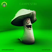 Digital render of the Campestri miniature by The Toadstool Weaver — an unpainted 32mm mushroom creature with a broad pale cap, detailed gill underside, wide expressive eyes, and a wide open laughing mouth, with one small foot visible at the base mid-shuffle, set against a vivid green background