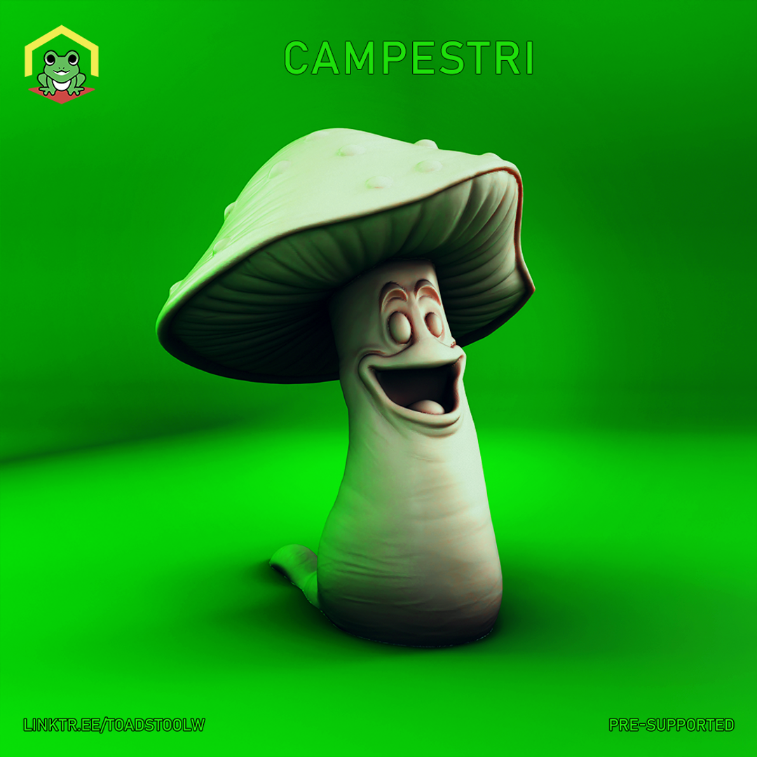Digital render of the Campestri miniature by The Toadstool Weaver — an unpainted 32mm mushroom creature with a broad pale cap, detailed gill underside, wide expressive eyes, and a wide open laughing mouth, with one small foot visible at the base mid-shuffle, set against a vivid green background