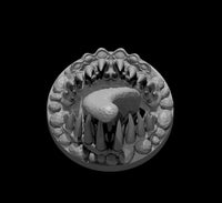 Resin base sculpt showing a wide-open predatory mouth with rows of sharp pointed teeth, a thick lolling tongue, and scaled hide around the circular rim. Sculpt by MZ4250.