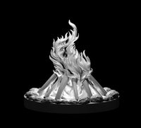Resin scatter terrain sculpt of a campfire with dynamic flame tongues, stacked log supports, and a ring of rounded stones at the base. Sculpt by MZ4250.