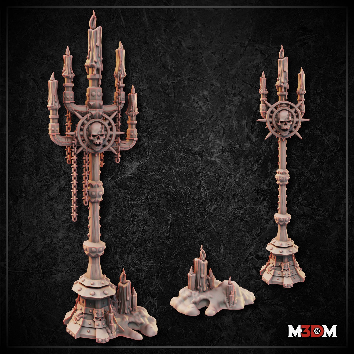 Unpainted resin renders of the Gothic Candelabra Set by Mia Kay M3DM — showing three terrain pieces: a tall skull-medallion candelabra with hanging chains, a slender variant candelabra, and a small melted-candle cluster base, all in warm beige resin against a dark stone background