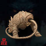 Unpainted resin render of the Canoloth miniature by Monster Atlas, viewed from the front-left — showing the barbed prehensile tongue looping in a full arc beneath the armoured body, with clawed feet and spined chitin crests across the shoulders