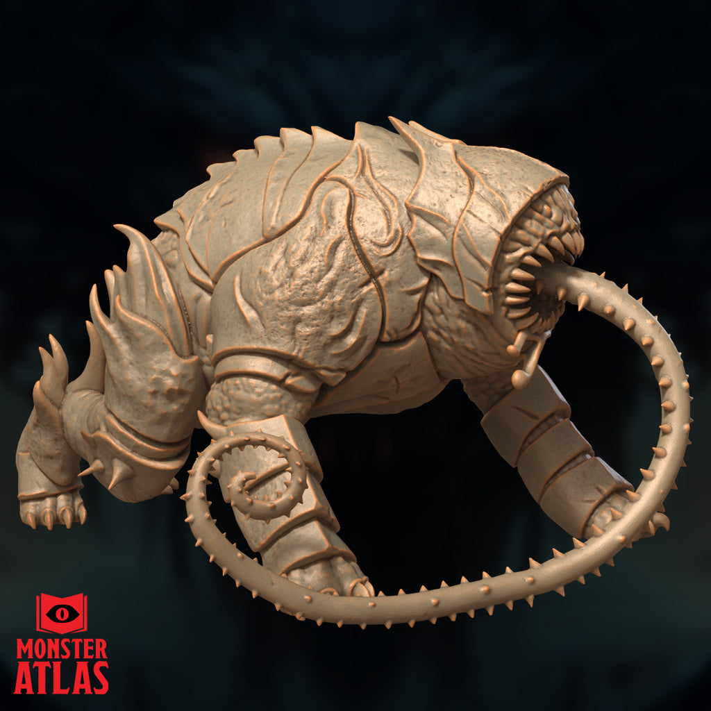 Unpainted resin render of the Canoloth miniature by Monster Atlas, viewed from the right side — displaying the overlapping armoured carapace plates, flame-like chitin crests along the haunches, and the segmented barbed tongue extending forward