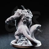 Capricalion Chimera resin miniature — rear three-quarter view showing serpent tail rearing with open fanged mouth, clawed forelimb raised, and heavily textured fur and scale detail across the body, unpainted grey resin