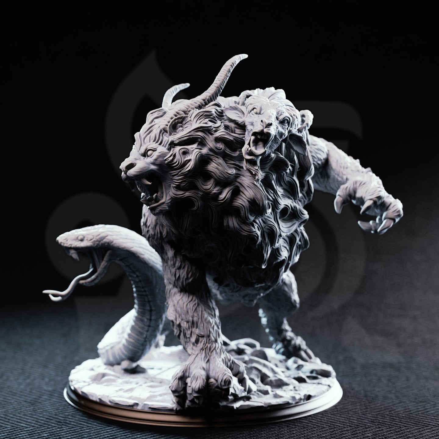 Capricalion Chimera resin miniature — front three-quarter view showing roaring lion head, secondary goat head with curved horns, raised serpent tail, and detailed flowing mane, unpainted grey resin on rocky base