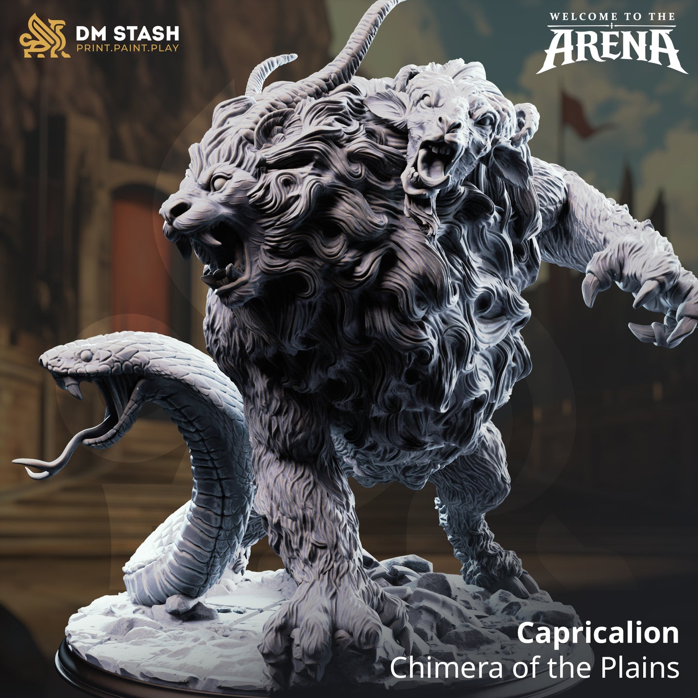 Capricalion Chimera of the Plains resin miniature by DM Stash — digital render showing the multi-headed lion, goat, and serpent creature in a dynamic charging pose with arena backdrop, unpainted grey