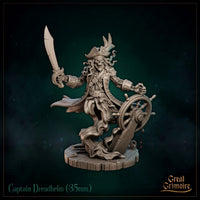 Skeletal pirate captain raising a broad cutlass, gripping a ship's wheel, wearing a tattered coat and skull-adorned tricorn hat with a parrot perched on the brim. Ghostly tendrils coil from beneath the figure across a wooden deck base with rope. Sculpt by Great Grimoire.