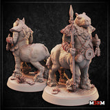 Capybara centaur warrior holding a tall rope-wrapped spear with a coin charm, broad-jawed head with small calm eyes, rope harness across the chest, bundled charms at each shoulder, standing on a base with crystal outcroppings. Sculpt by Mia Kay M3DM.